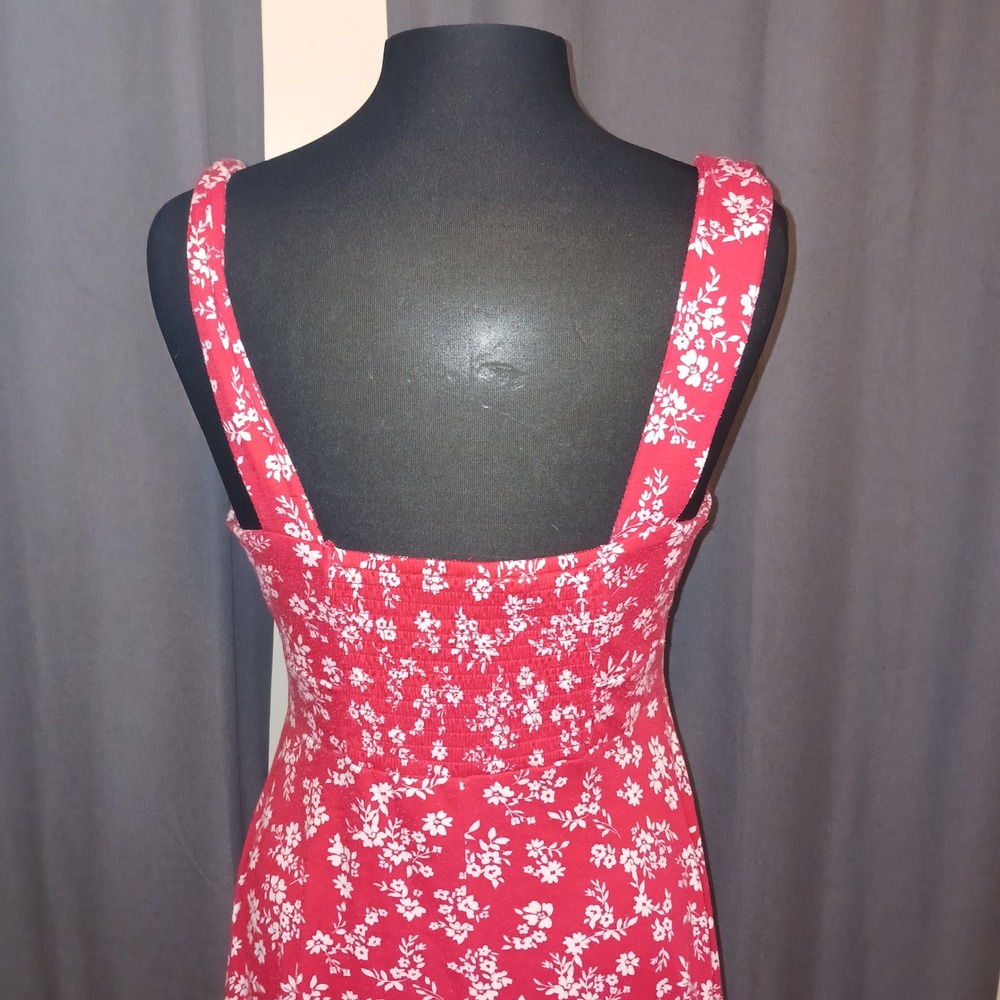 Red Floral Print Smocked Bodice Midi Tank Dress Asymmetrical Hankercheif Hem L - Picture 6 of 9